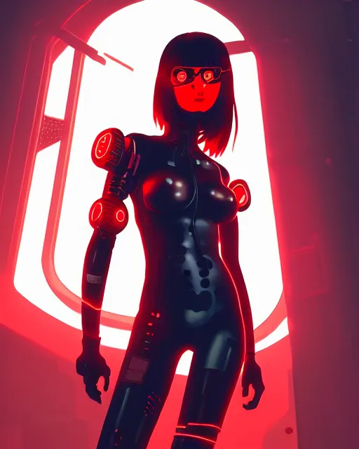 Image similar to a comic potrait of a cyberpunk cyborg girl with black and red parts, fine - face, realistic shaded perfect face, fine details. night setting. very anime style. realistic shaded lighting poster by ilya kuvshinov katsuhiro, unreal engine, global illumination, radiant light, detailed and intricate environment