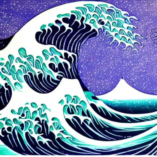 Image similar to beautiful wave made of mathematics, art nouveau, equations, astronomical, stars, equation fish, equation water, equation wave, math sea. oil paint, color, figurative. museum of modern art