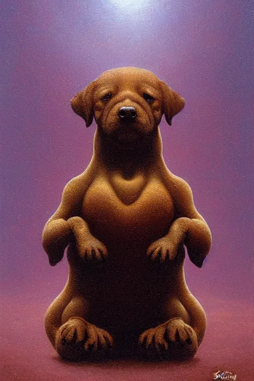 Prompt: painting of a very cute dog consisting entirely of british baked beans, dog is made of baked beans, baked bean skin texture, by zdzislaw beksinski, by dariusz zawadzki, by wayne barlowe, gothic, surrealism, cosmic horror, lovecraftian, cold hue's, warm tone gradient background, concept art, beautiful composition