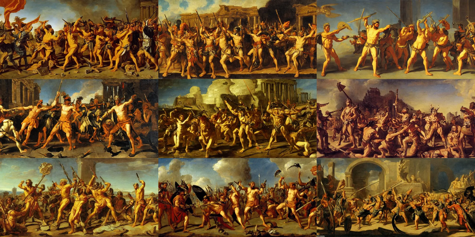 Prompt: Soldiers of Ancient Rome against Satan Johan Zoffany, highly detailed