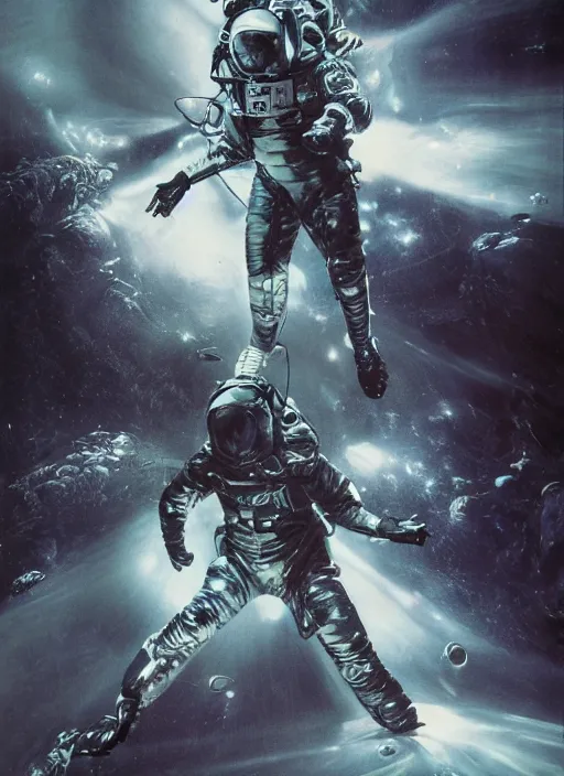 Image similar to astronauts in dark void underwater - complex and hyperdetailed technical suit. reflection and dispersion materials. rays and dispersion of light. volumetric light. f / 3 2. noise film photo. flash photography. ultra realistic, wide angle. poster by wayne barlowe, hajime sorayama aaron horkey, craig mullins