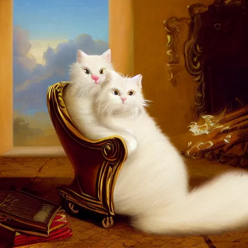 Prompt: baroque painting of a white fluffy cat reading in a chair by the fire. Renaissance oil on canvas 4k