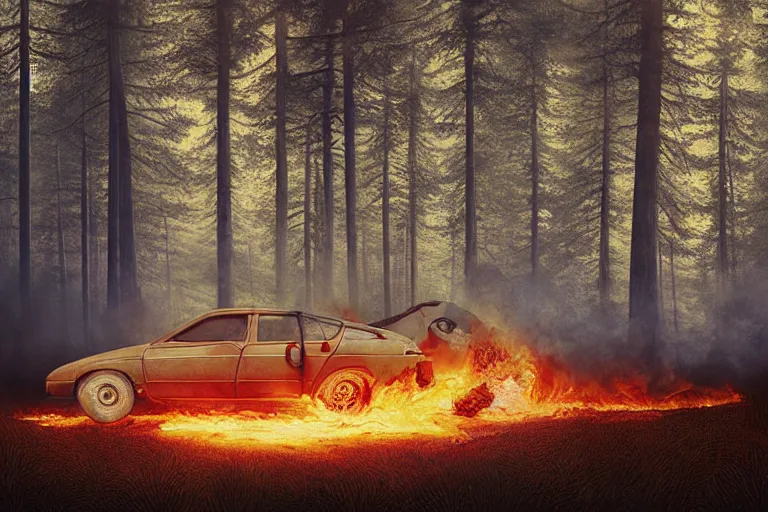 Image similar to burning car standing in a beautiful swedish forest, highly detailed, hyperrealistic, very sharp focus, intricate, soft lighting, wide shot photograph, digital painting by simon stålenhag