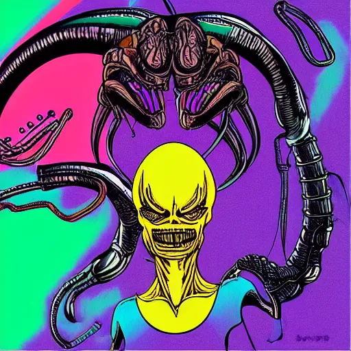 Image similar to “H.R. Giger's xenomorph reimagined Lisa James, 90s hyper color digital illustration”