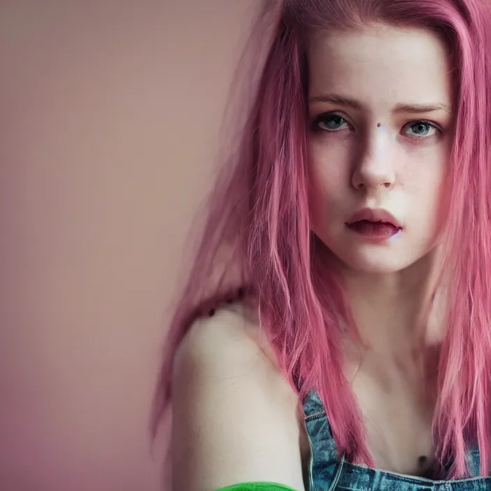 Image similar to portrait photograph of an extremely beautiful!!!! young female, Moody look on her face, natural light, wearing a crop top and jeans!! Pink hair. Green eyes. in a minecraft world looking at the camera!!. super resolution. Extremely detailed. Graflex camera!, bokeh!!!!! trending on artstation.