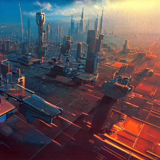 Image similar to aerial view of futuristic cyberpunk city, daylight, blue sky, cinematic lighting, blue sky, syd mead, john harris