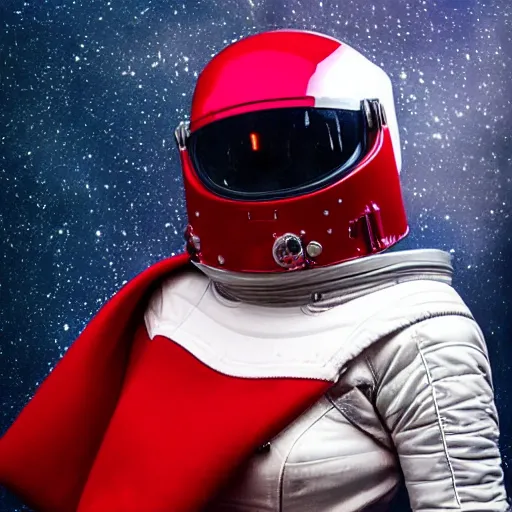 Image similar to a young female space cadet wearing blood-spattered glossy sleek white dinged scuffed armor and a long torn red cape, spacewalk, weightlessness, frost damage, background of stars, elegant, battle weary, no helmet, dramatic lighting, cinematic, sci-fi, hyperrealistic, detailed