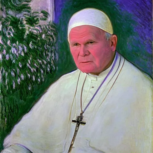 Image similar to portrait of john paul ii wearing white turban with purple top by claude monet