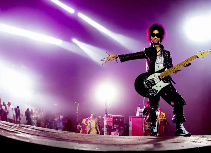 Image similar to photo still of prince from purple rain on stage at vans warped tour!!!!!!!! at age 3 3 years old 3 3 years of age!!!!!!!! throwing pancakes to the crowd, 8 k, 8 5 mm f 1. 8, studio lighting, rim light, right side key light