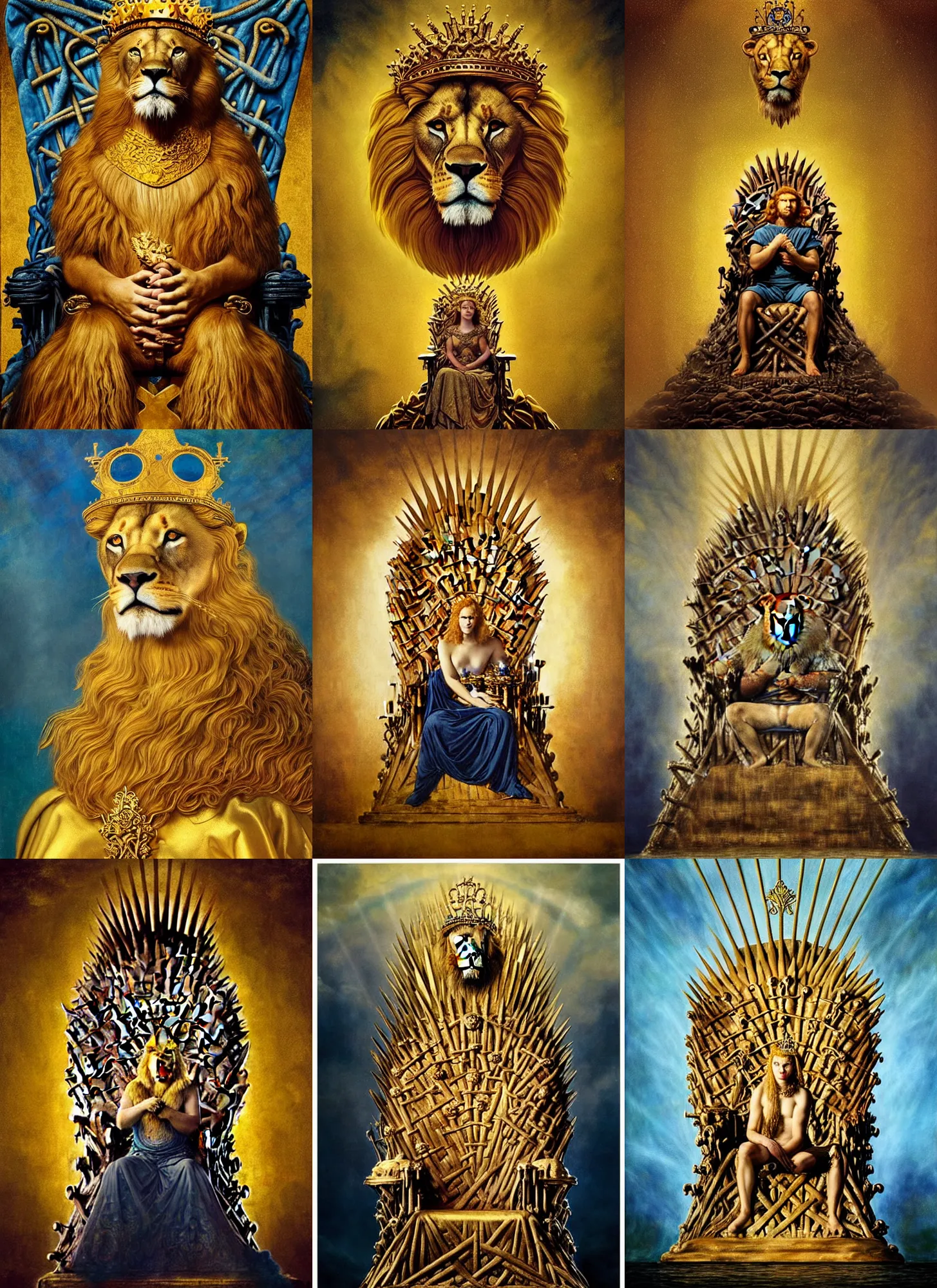 Prompt: “A majestic portrait of a lion wearing a crown, on an iron throne, titian, Tom Bagshaw, Sam Spratt, maxfield parrish, gustav klimt, high detail, 8k, underwater light rays, intricate, royalty, vibrant iridescent colors,art nouveau, yellow navy and gold”