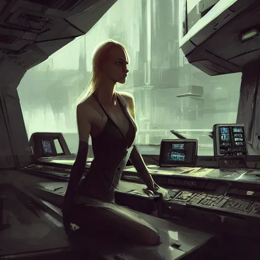 Image similar to concept art by greg rutkowski, a very tall, and slender woman with blond hair, sitting with the crew in the ship's flight deck, brutalist futuristic interior, dark lighting atmosphere, detailed portraits, nostalgic atmosphere, scifi, digital painting, artstation, concept art, smooth, sharp foccus ilustration, artstation hq