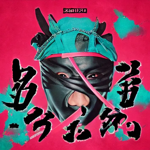 Image similar to samurai ninja random japanese words in the turquoise and black color as scarlxrd album cover