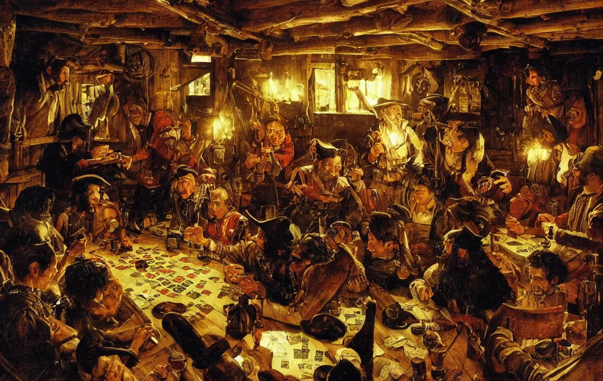 Prompt: a painting of a pirates playing cards in a cabin of a 16th century galley, dark lighting, by Norman Rockwell