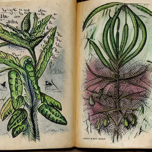 Image similar to an old journal page describing alien plants with rich illustrations
