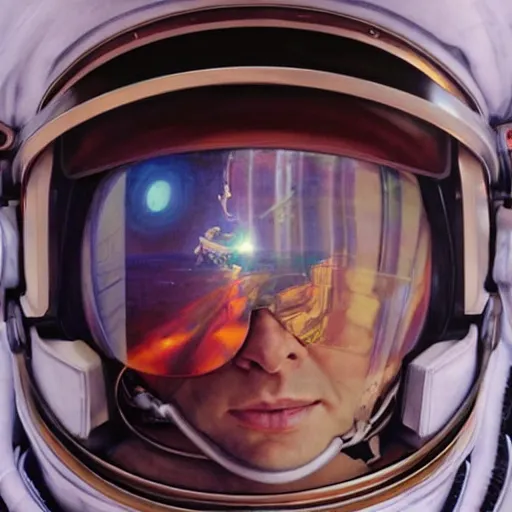 Prompt: a close up painting of an astronaut floating in space. his helmet visor is dark and reflective. you can see the reflection of the photographer in his helmet visor. by artgerm and greg rutkowski and alphonse mucha