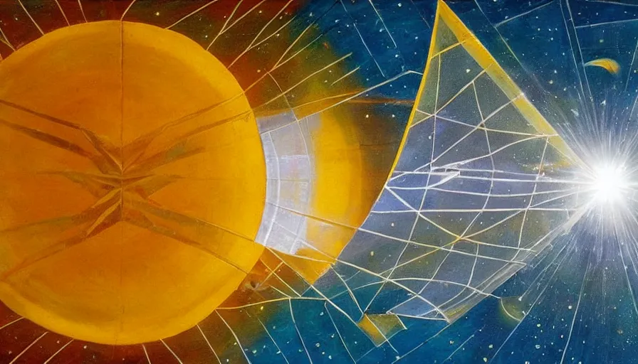 Image similar to solar sail infront of sun, in space, planet earth visible below, art deco painting