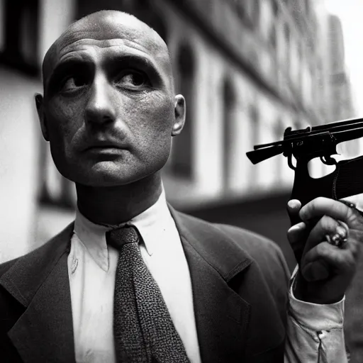 Image similar to closeup portrait of a mobster with a thompson submachine gun a smoky new york back street , by Steve McCurry and David Lazar, natural light, detailed face, CANON Eos C300, ƒ1.8, 35mm, 8K, medium-format print