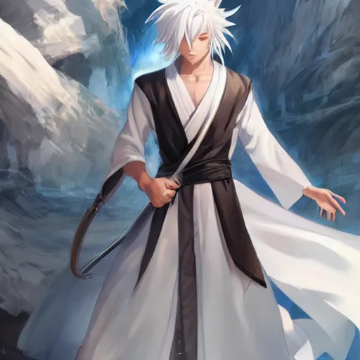 Prompt: white haired parted down the middle, wearing white hakama anime man full body portrait made by Stanley Artgerm, WLOP, Rossdraws, James Jean Andrei Riabovitchev, Marc Simonetti, Yoshitaka Amano, Artstation