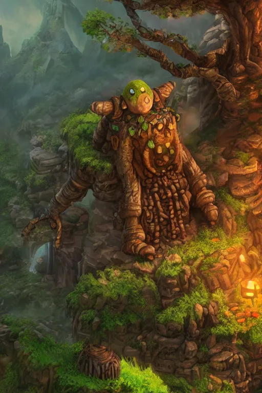 Image similar to zelda fantasy art giant golem troll wood rock greeble gemstone, global illumination ray tracing hdr fanart arstation by sung choi and eric pfeiffer and gabriel garza and casper konefal