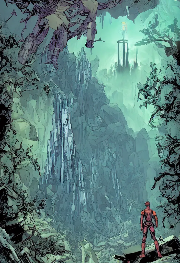 Image similar to a comic book cover of an android soldier with back to the camera, in a forest made of crystal and gemstone, looking across a vast chasm and old rope bridge. on the mountain facing him is a temple made of shards of crystal with a tower glowing in the fog, by francis manapul and by dustin nguyenand