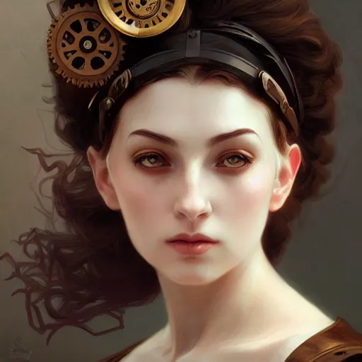 Prompt: character concept portrait of a steampunk woman with pale face, intricate, elegant, digital painting, concept art, smooth, sharp focus, illustration, by mandy jurgens and william - adolphe bouguereau, artgerm,