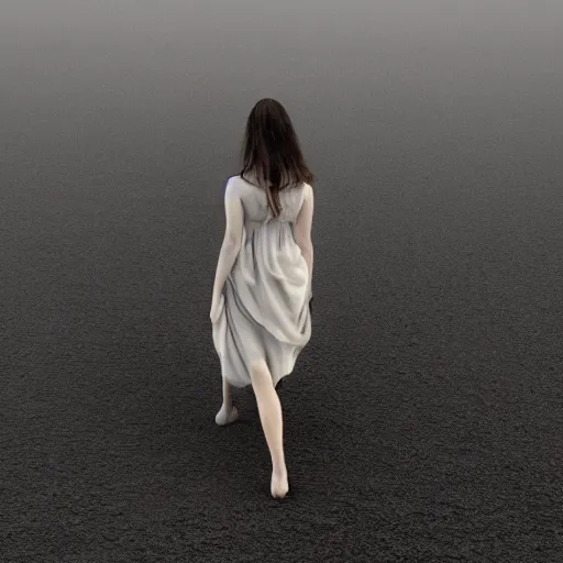 Prompt: a girl with long white long dress walking in black sand desert crows around her by egon schiele and michael angelo, baroque, neo Gothic,matte painting, baroque detailes,photo real,concept art,highly detailed,sharp lines, hdri, 4k