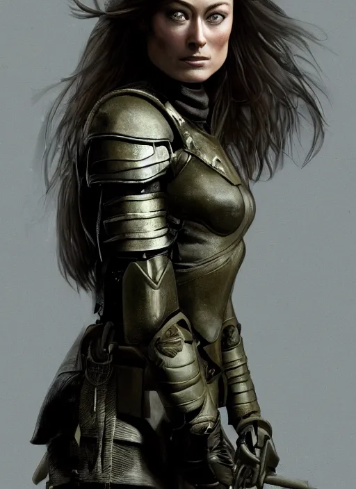 Image similar to a Photorealistic dramatic hyperrealistic render of a young Olivia Wilde, clothed in military armor, olive skin, long dark hair, beautiful bone structure, symmetrical facial features, intricate, elegant, Beautiful dynamic dramatic dark moody lighting, shadows, cinematic atmosphere, Artstation, concept art, Octane render, 8K