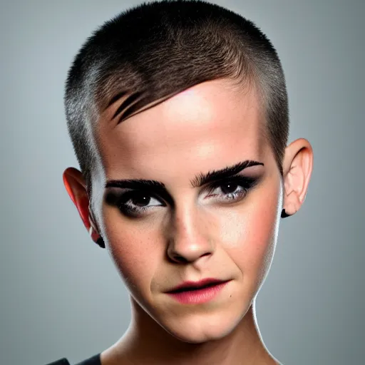 Prompt: Shaved head mohawk hairstyle, Emma Watson with a mohawk hairstyle, headshot, 200mm, canon, f5.6