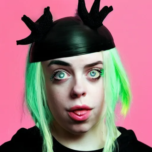 Prompt: crazy billie eilish with a pan on her head