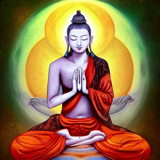 Image similar to contented female bodhisattva, praying meditating, portrait illustration by Anna Dittmann