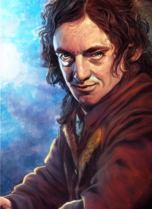 Image similar to A fantasy comic book style portrait painting of a hobbit, DAZ, hyperrealistic, ambient light, dynamic light