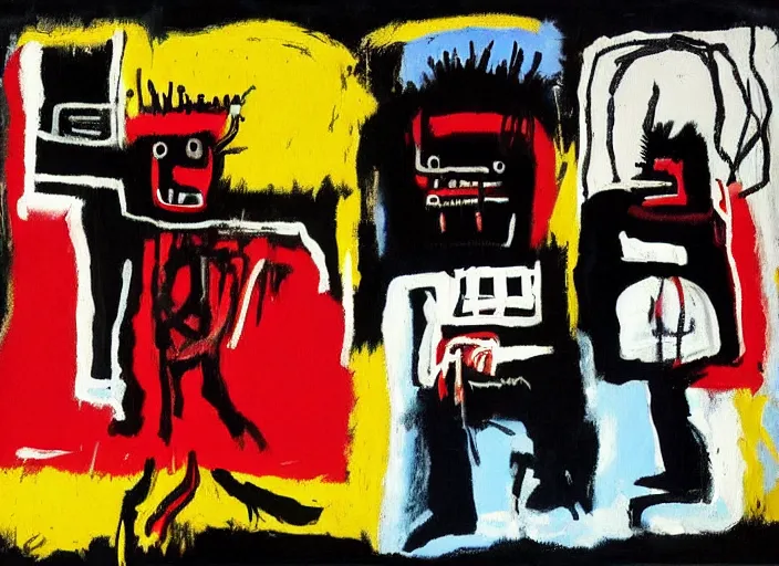 Image similar to the night watch painted by jean michel basquiat