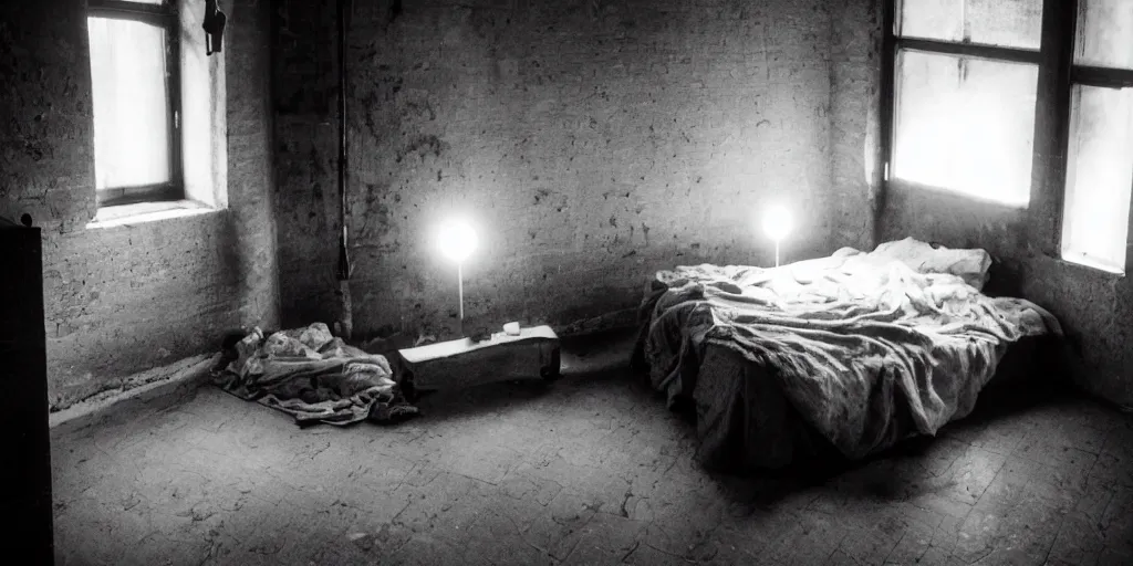 Image similar to nighttime, a very dark empty room at night lit only by candlelight, black and white, grungy