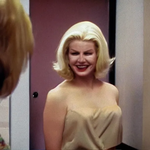 Prompt: laughing dying blonde woman reaction image, movie still