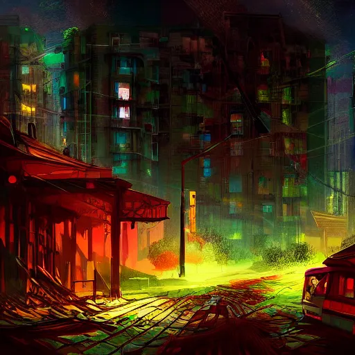 Image similar to digital art of abandoned overgrown city at night, artstation, colorful