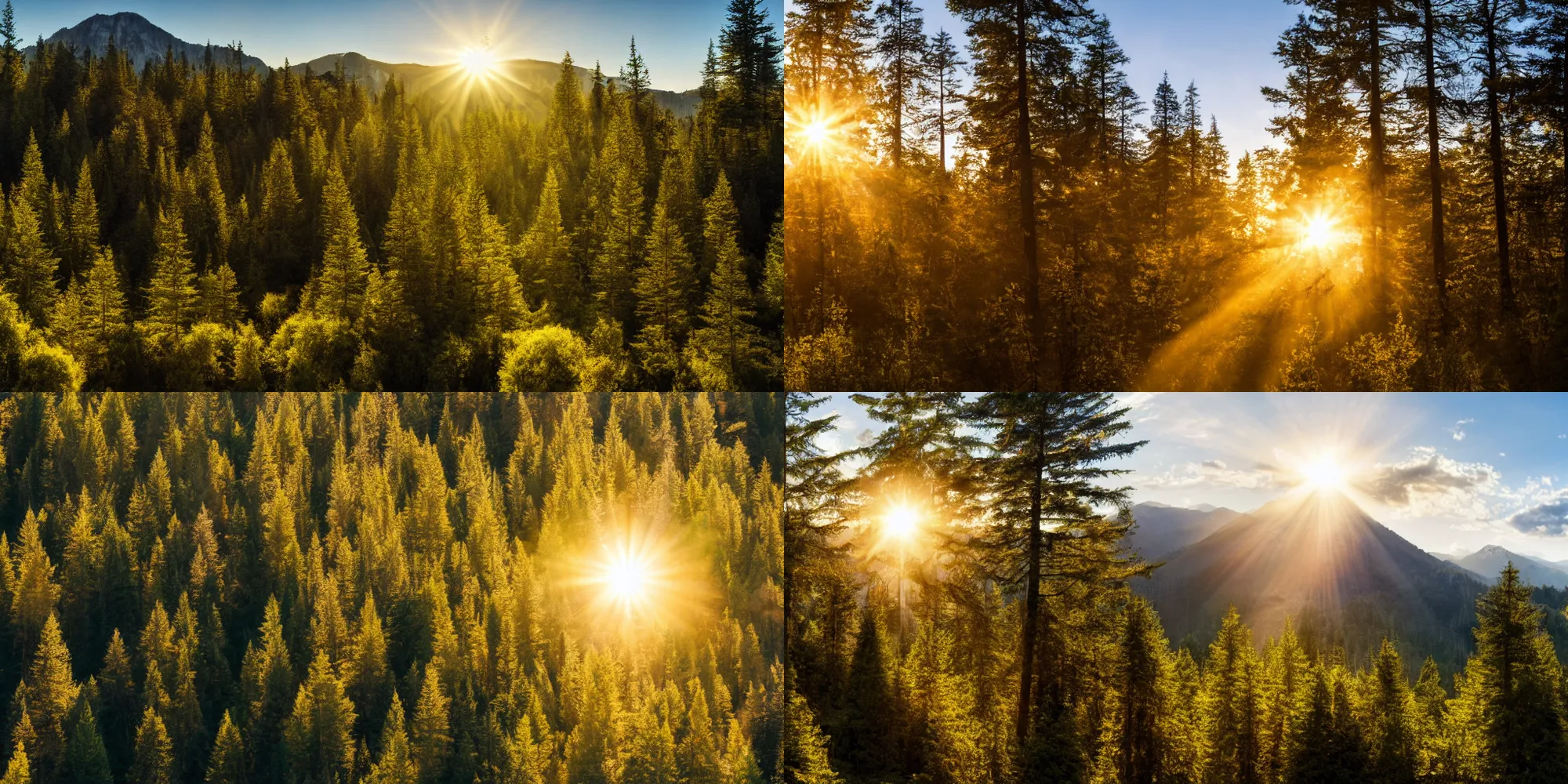 Prompt: film photograph of an abstract landscape with verdant and impossibly tall trees, golden hour, heavenly sunlight shining through the mountain peaks and forestry, landscape photography 4 k, wide angle shot