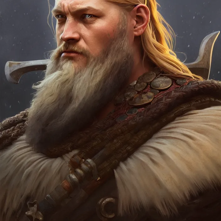 Image similar to excellent painted portrait of the ancient viking emperor of the northlands, character artwork, 8k resolution artwork, trending on artstation, detailed oil painting portrait, art by artgerm and greg rutkowski and alphonse mucha and craig mullins and James Jean and Andrei Riabovitchev and Marc Simonetti and peter mohrbacher