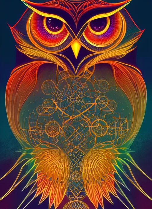 Image similar to symmetry!! product render poster vivid colors divine proportion owl, 神 圣, glowing fog intricate, elegant, highly detailed, digital painting, artstation, concept art, smooth, sharp focus, illustration,