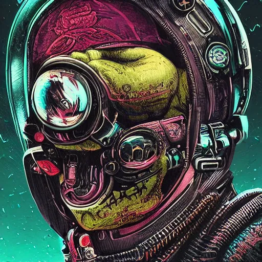 Image similar to portrait of a space pirate skull pepe the frog. intricate abstract. cyberpunk, vhs glitch. full face broken helmet. intricate artwork. nightmare fuel. terrifying. empty oxygen tank. by Tooth Wu, wlop, beeple, dan mumford. octane render, trending on artstation, greg rutkowski very coherent symmetrical artwork. cinematic, hyper realism, high detail, octane render, 8k, iridescent accents, black and white