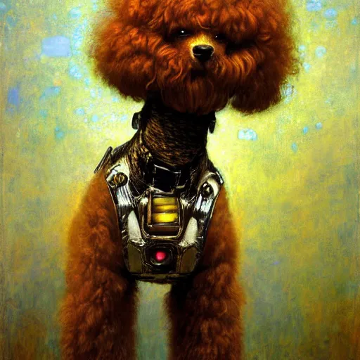 Image similar to portrait of a male furry poodle dog in jeans. shadowrun furaffiniy cyberpunk fantasy highly detailed painting by gaston bussiere craig mullins jc leyendecker gustav klimt artgerm greg rutkowski john berkey, bergey, craig mullins, ruan jia, raymond swanland, jeremy mann, tom lovell, alex malveda