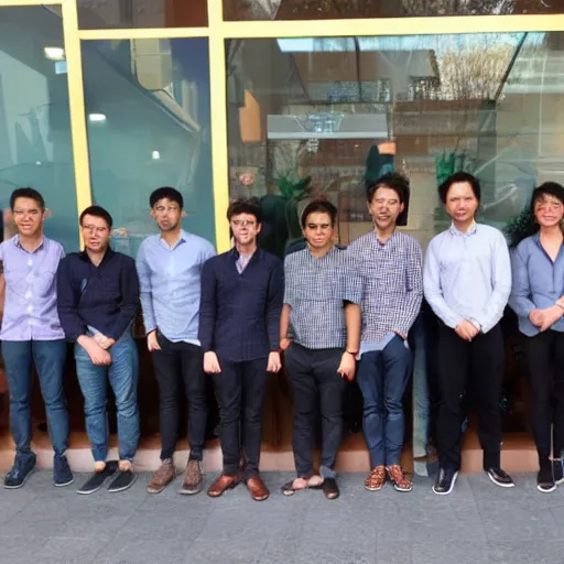 Image similar to blockchain development team of madfish solutions, corporate group photo near the office