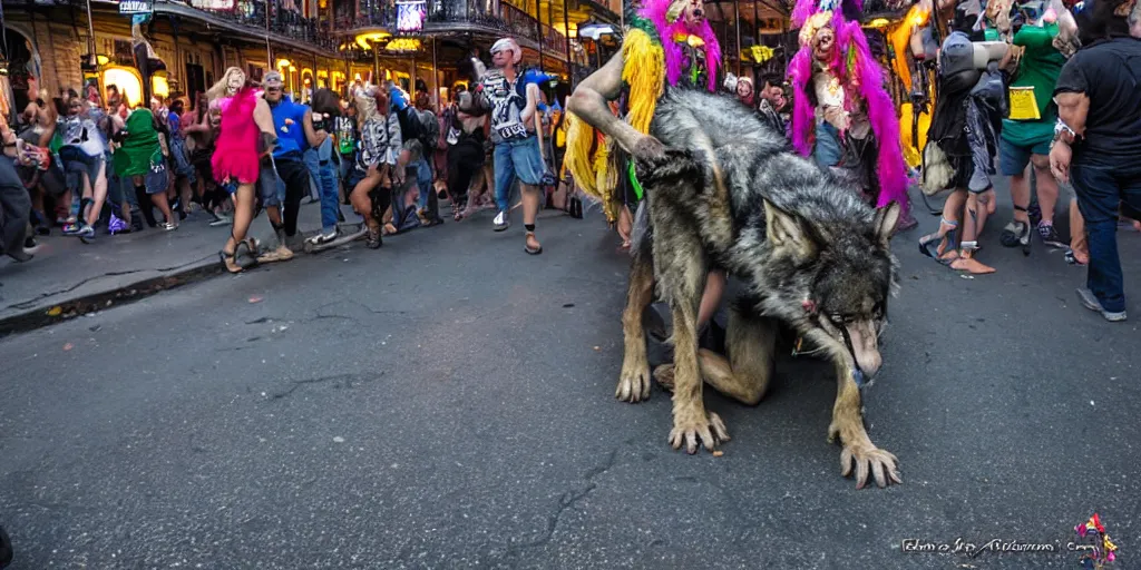 Prompt: a werewolf on Bourbon Street, New Orleans, Mardi Gras, real drunk