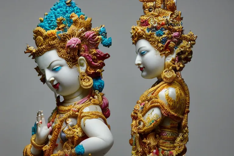 Prompt: full head and shoulders, beautiful female, colourful porcelain sculpture, hindu god, with lots of ornate gold leaf, attached to head by daniel arsham and james jean, on a white background, delicate facial features,