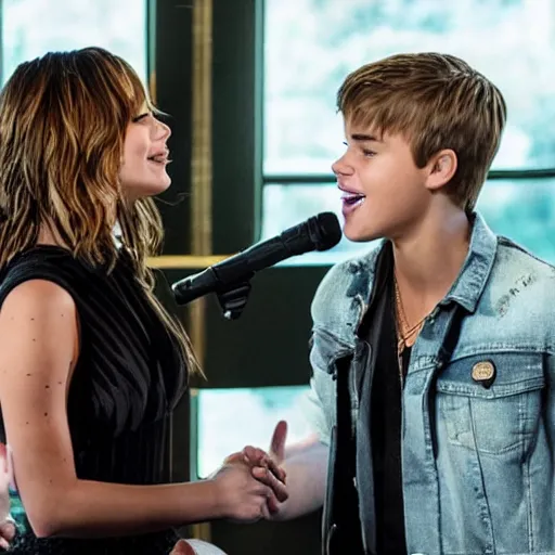 Prompt: Promo picture of Jennifer Lawrence and Justin Bieber in Star is Born remake (2029)