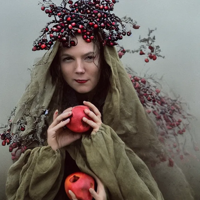 Prompt: a closeup portrait of a woman wearing a hooded cloak made of holographic mylar, picking pomegranates from a tree in an orchard, foggy, moody, photograph, by vincent desiderio, canon eos c 3 0 0, ƒ 1. 8, 3 5 mm, 8 k, medium - format print