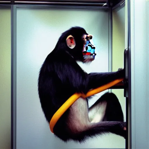 Image similar to chimp in an office job cubicle on computer, 9 0 s photograph