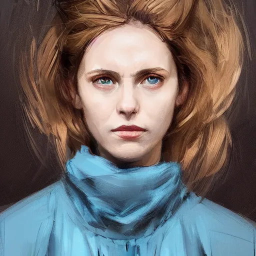 Image similar to Portrait of a woman by Greg Rutkowski, she is about 30 years old, pretty, blond hair with two strans around her face, slavic features, melancholic gaze, pretty aquiline nose, she is wearing a blue utilitarian jumpsuit, highly detailed portrait, digital painting, artstation, concept art, smooth, sharp foccus ilustration, Artstation HQ.