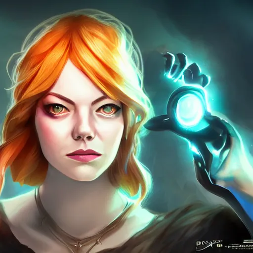 Prompt: emma stone portrait, arcane : league of legends, concept portrait, riot, game, detailed expression, high quality, cinematic lighting, fantasy, reflective, spotlight, digital artwork