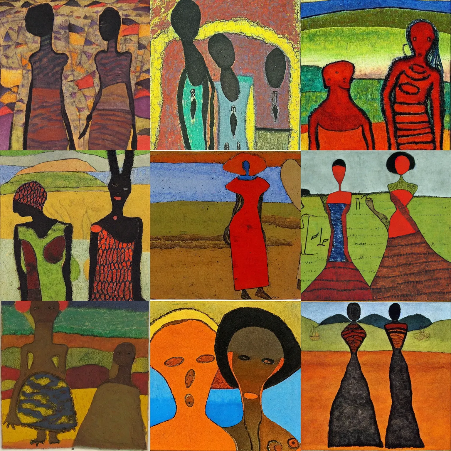 Prompt: two african women, african landscape in background, klee painting