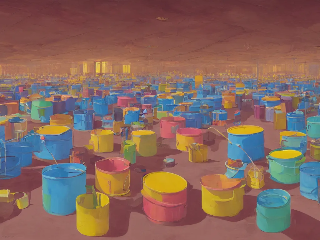 Image similar to a large room and colorful paint buckets in the style of simon stalenhag